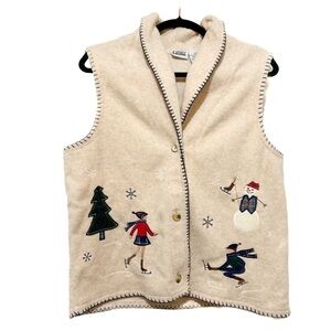 Vintage Winter Vest Iceskating Fleece Warm Snowman Cozy Ugly Christmas Sz Large